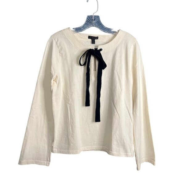 J. Crew Womens Ivory Long Sleeve Top With Black Velvet Bow Tie Detail Size M - Picture 1 of 9
